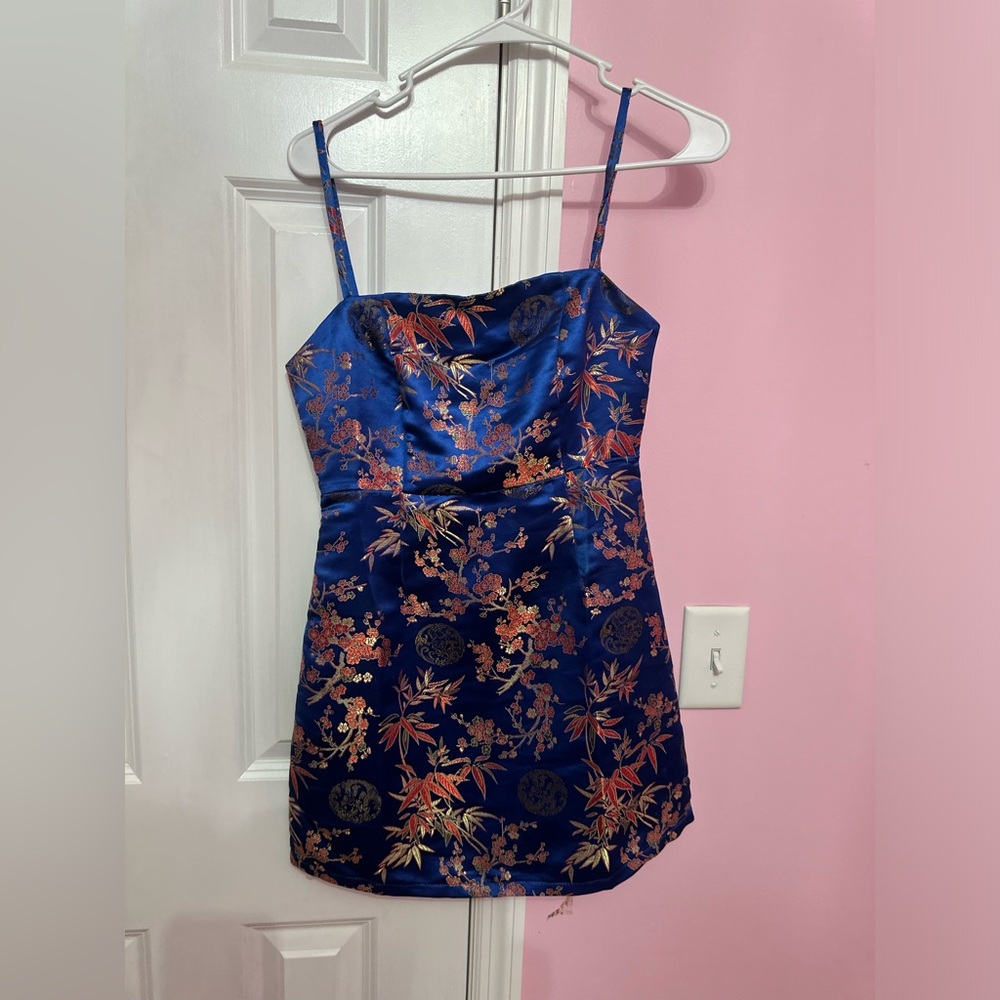 Oriental print satin dress